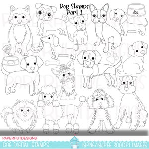 Timbro digitale cane-Timbri in bianco e nero cani-Pagina da colorare-Clipart cucciolo di cane-Timbri digitali-Immagini digitali