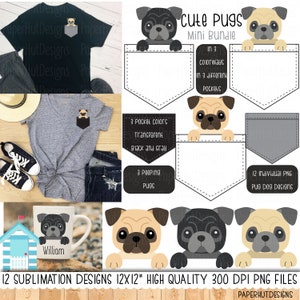 Pugs Pocket Sublimation Designs|Sublimation Pugs |Pug Illustrations|Cute Pug Clipart|Pug Clip art|12x12 Printable Instant Download|PNG Dogs