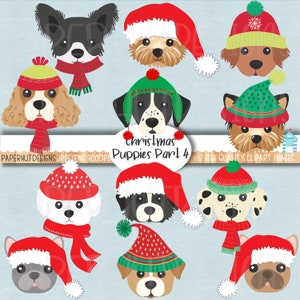 Boże Narodzenie Szczeniak Pies Twarze Clipart|Szczeniaki Pies Twarze Clipart|Dalmatyńczyk|Buldog Francuski|Labrador|Spaniel|Chihuahua|Bichon|Yorkie|Collie