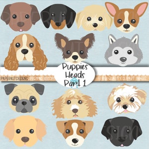 Puppies Clipart/Puppy Dog Faces|Dog Illustrations|Puppy Clip Art|Daschund|Pug|Labrador|Cocapoo|Chihuahua|Husky|Labradoodle|Golden Retriever