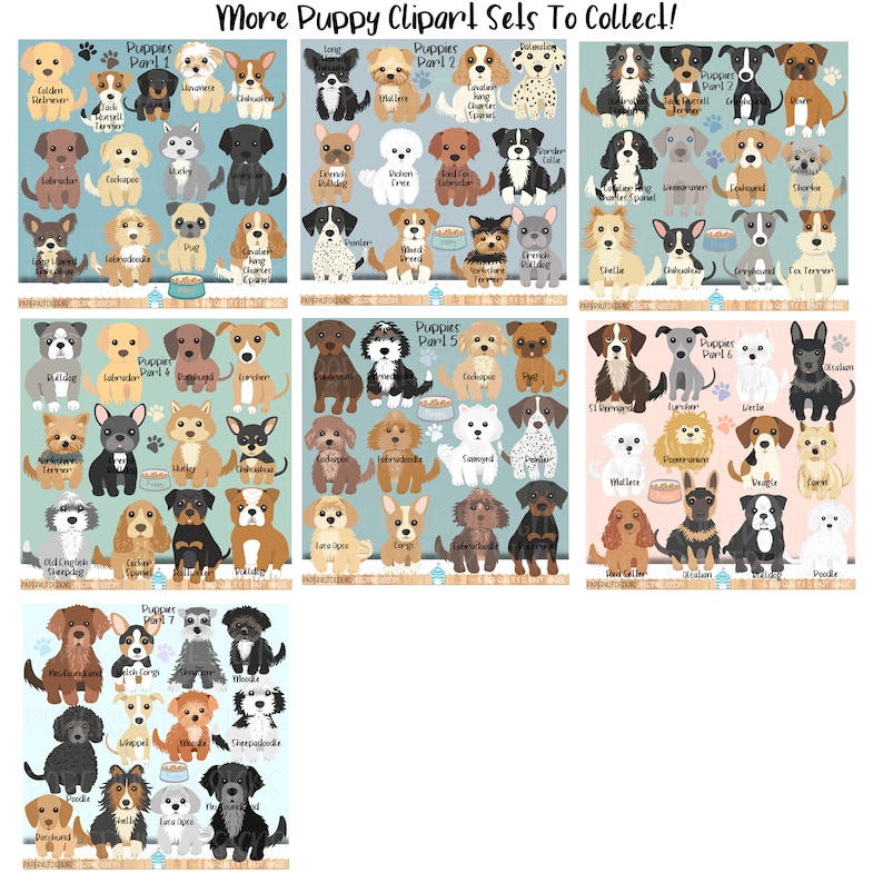 May include: A collection of 36 illustrated puppy breeds, organized into seven sets. Each set features a different group of dog breeds, including Golden Retriever, Labrador, Cocker Spaniel, Poodle, and more. The illustrations are in a cartoon style with a light blue background.