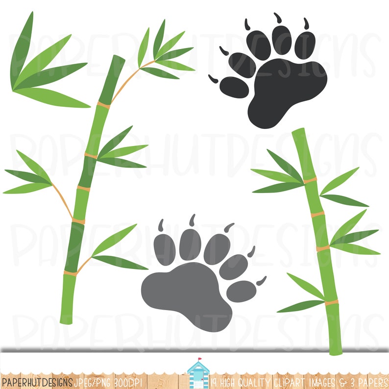 May include: Two green bamboo stalks with leaves and two gray bear paw prints. The paw prints are in a simple cartoon style.
