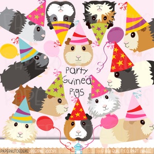 Clipart de fiesta de conejillos de indias/Clip Art de conejillos de indias lindos/Caras de conejillos de indias de fiesta/Gráficos digitales de conejillos de indias unisex/Sombreros de fiesta/Globos