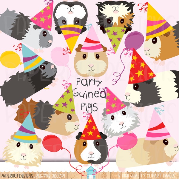 Guinea Pigs Party Clipart|Cute Guinea Pigs Clip Art|Party Guinea Pigs Faces|Unisex Guinea Pig digital graphics|Party hats|Balloons