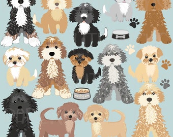 Könnte beinhalten: Ein Set mit 20 digitalen Illustrationen von Doodle- und Pudelhunden in verschiedenen Farben und Posen. Die Hunde sind alle im Cartoon-Stil gehalten und haben süße Gesichtsausdrücke. Die Illustrationen eignen sich perfekt für den Einsatz in digitalem Scrapbooking, Kartenherstellung und anderen Bastelprojekten.