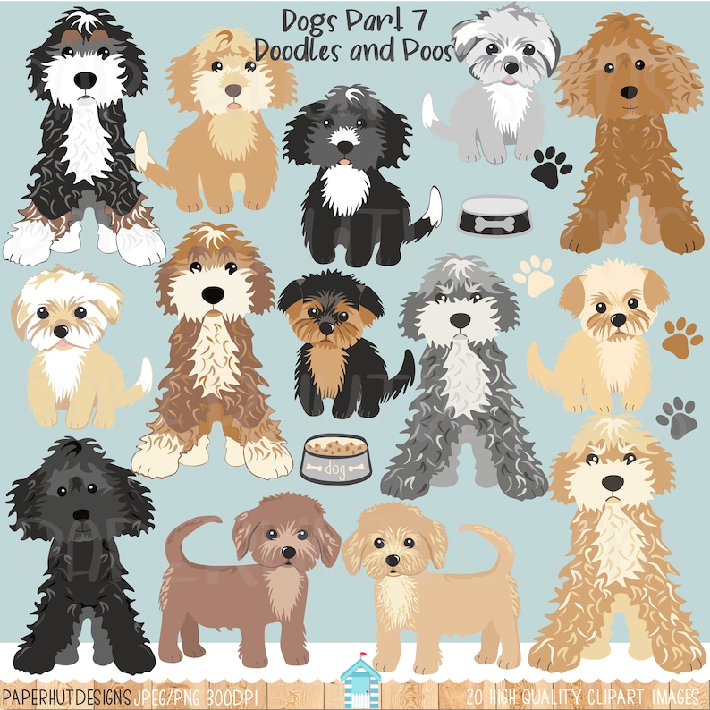 May include: A set of 20 digital illustrations of doodle and poodle dogs in various colors and poses. The dogs are all cartoon-style and have cute expressions. The illustrations are perfect for use in digital scrapbooking, card making, and other craft projects.
