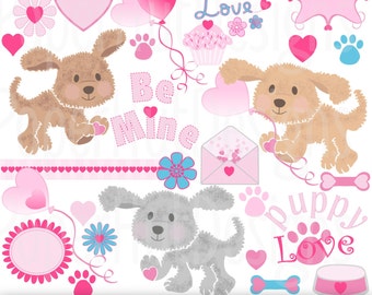 Valentine Clipart-Valentine Puppy Dog Clip Art-Puppy Love-Heart-Balloon-Cupcake-Heart Frames-Scrapbooking-Card design