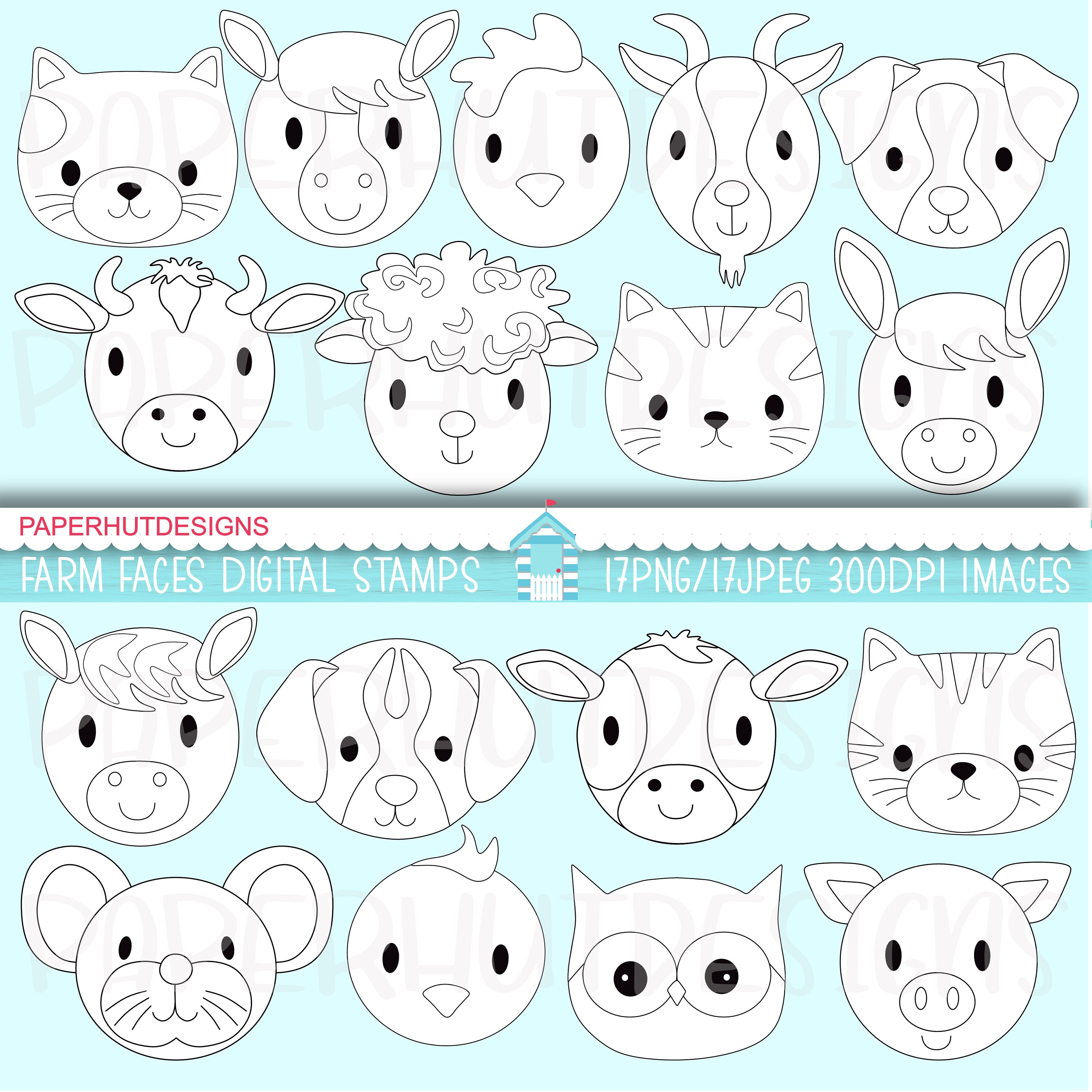 Farm Animals Digital Stamp-farm Animal Faces Black and White - Etsy Farm Animals Digital Stamp-farm Animal Faces Black and White - Etsy