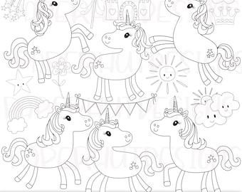 Unicorn Digital Stamps|Unicorn Coloring Page|Unicorn Clipart|Unicorn Clip Art|Pony|Horse|Castle|Rainbow|Clouds|Stars|Girl Birthday Party