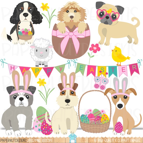 Easter Clipart|Easter Dogs Clipart|Easter Dogs Clip Art|Pug|Bulldog|Cavapoo|Lurcher|King Charles Spaniel|Easter Eggs|Chick|Bunting|Daffodils