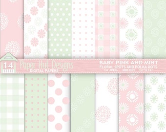 Baby Pink & Mint Digital Paper- Baby Shower Floral Spots Polka Dots-Commercial Use. Backgrounds, Invitations, ScrapbookingBUY2GET1MOREFREE