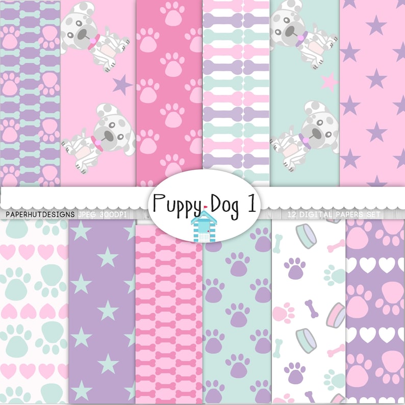 Cute Puppy Dog Digital Papers-puppy Paws-stars-hearts-personal or ...