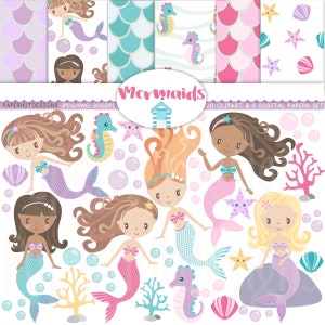 Sirène Clipart-Sirène Clip Art - Clipart sirènes et sirènes mignonnes papier numérique ensemble-hippocampe-coquillages-étoile de mer-corail
