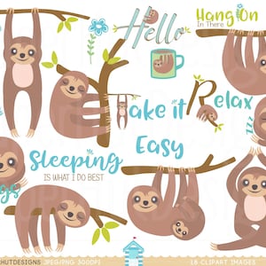 Sloth Clipart-Sloth Clip Art-Kawaii Clipart-Cute Sloth on a branch, Sleeping Sloth, Monkey Clipart-Flower clipart