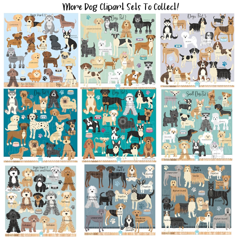 May include: A collection of nine colorful digital clipart images featuring various dog breeds. Each image is labeled with the breed name and "Dogs Part" followed by a number. The images are arranged in a grid pattern.