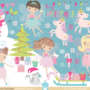 Christmas Fairy Clipart: Girls, Unicorns, Snowman (PNG & JPEG)