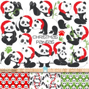 May include: A collection of Christmas-themed panda bear illustrations. The pandas are black and white, wearing red Santa hats, and some are holding bamboo. The words "Christmas Pandas" are in the center.