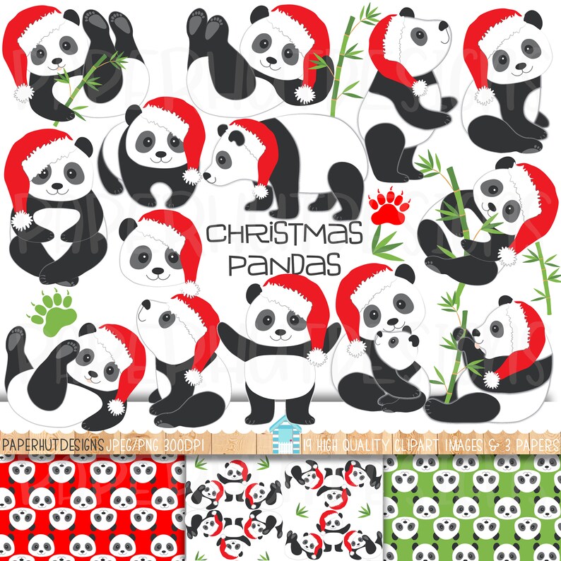 May include: A collection of Christmas-themed panda bear illustrations. The pandas are black and white, wearing red Santa hats, and some are holding bamboo. The words "Christmas Pandas" are in the center.