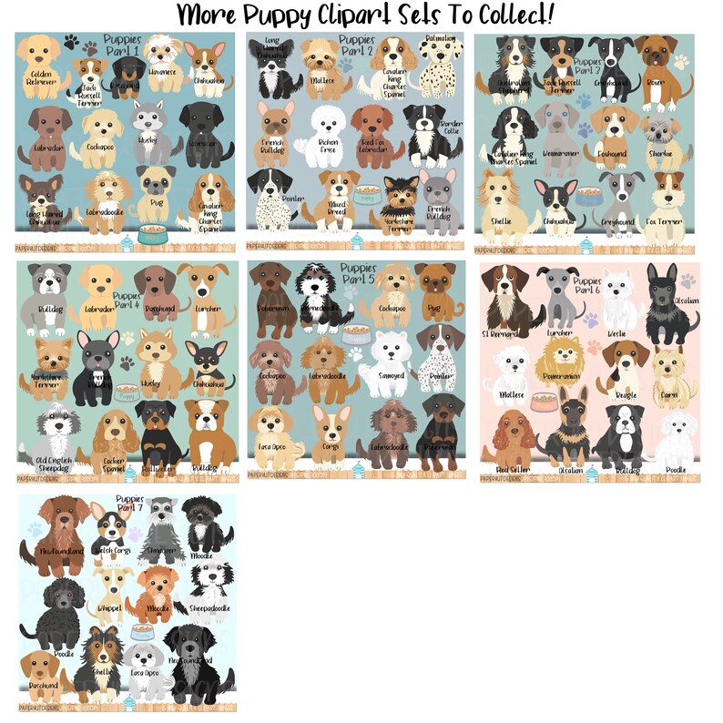 May include: A collection of 7 sets of puppy clipart featuring different dog breeds. Each set includes 9 different dog breeds, with each dog breed illustrated in a cartoon style. The dogs are all sitting down and looking at the viewer. The background is a light blue color with a white border.