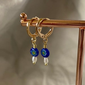BLUEBELLS | Blue millefiori earrings | With large freshwater pearls | Gold plated or silver plated hoops