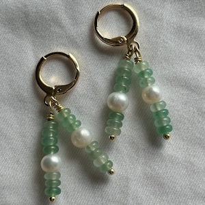 GREEN DANGLE EARRINGS | Green stone earrings with freshwater pearls | On silver plated or gold plated hoop earrings