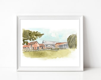 The Little Green Wedding Barn - Watercolour Venue Illustration - Wedding Gift