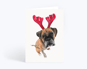 Reindeer Boxer Dog Christmas Card