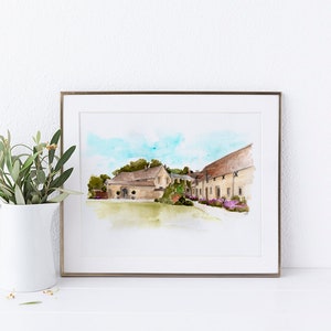 Caswell House trouwlocatie - aquarel locatie illustratie - gepersonaliseerde kunstwerken beschikbaar