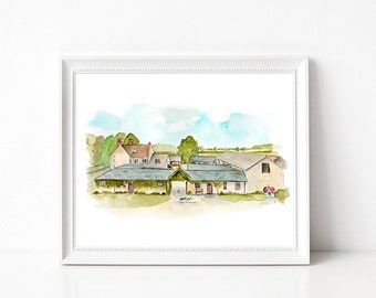 Huntsmill Farm Wedding Venue - Watercolour Venue Illustration - Personalised Artwork Available