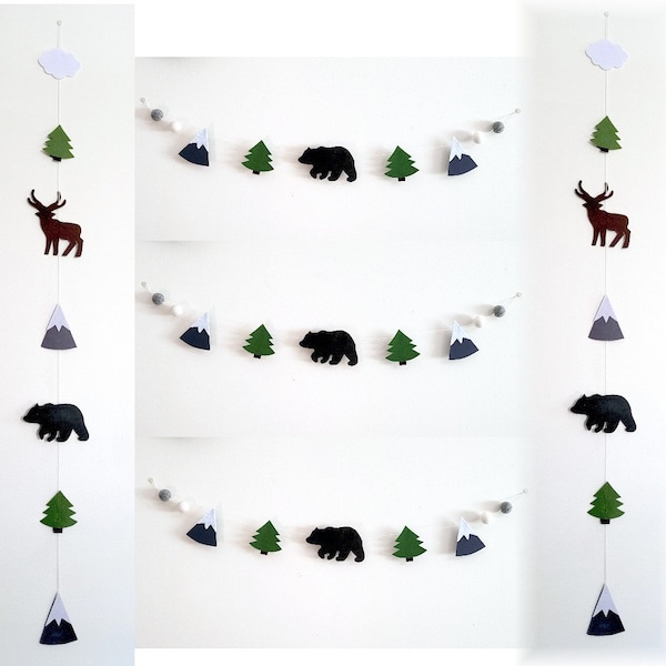 Woodland animals garland, Forest animals banner, Bear deer nursery, woodland wall hanger, Baby shower decor, Emerald green trees