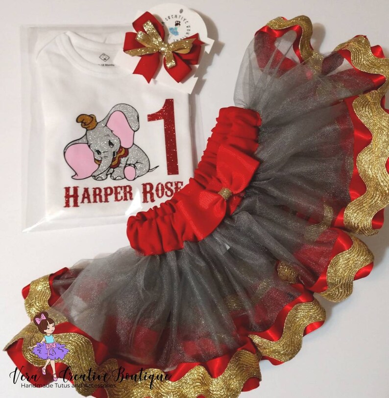 Circus birthday tutu outfit red gold gray custom shirt onsie with name matching ribbon tutu vinyl shirt and matching bow Dumbo inspired