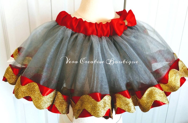 Circus birthday tutu outfit red gold gray custom shirt onsie with name matching ribbon tutu vinyl shirt and matching bow Dumbo inspired