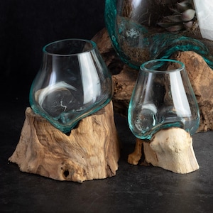 Molten Glass Bowl Melted on Wood | 16cm Terrarium | Rustic Home Decor for Shelf for Coffee Table Gift for Her or Him