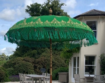 Green Garden Parasol Umbrella | Tassel Wooden Macrame Parasol | Boho Garden Accessories |  Green Large Umbrella | Table Shade for Outdoors