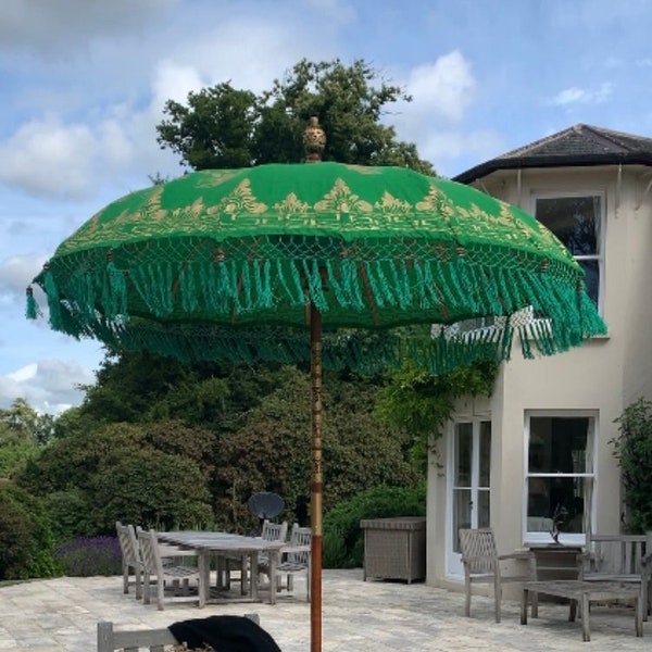 Green Garden Parasol Umbrella | Tassel Wooden Macrame Parasol | Boho Garden Accessories |  Green Large Umbrella | Table Shade for Outdoors