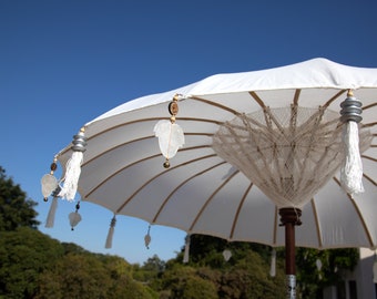 Cream Garden Parasol Umbrella | Tassel Macrame Wooden Garden Umbrella | Boho Garden Furniture | Cream Umbrella | Table Shade for Outdoors