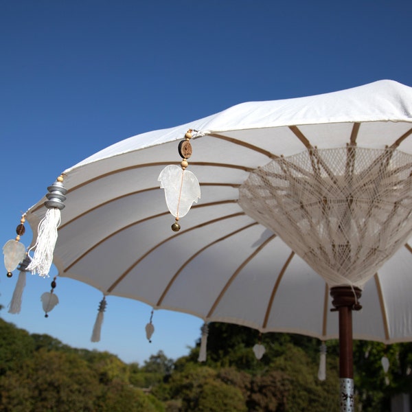 Cream Garden Parasol Umbrella | Tassel Macrame Wooden Garden Umbrella | Boho Garden Furniture | Cream Umbrella | Table Shade for Outdoors