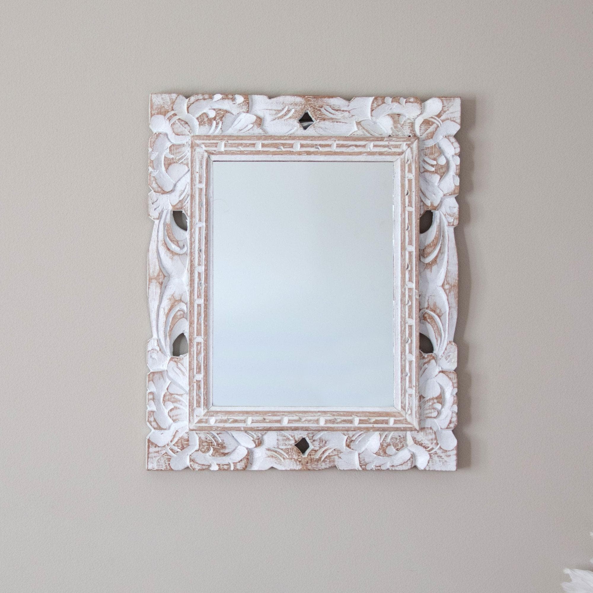 White Carving Edged Wooden Rectangle Mirror | Framed Mirror Coastal Decor | Indoor Mirror for Living Room Gallery Decor | for Interior Lover
