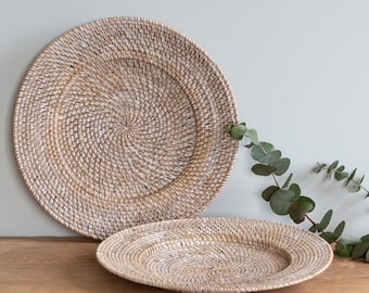 Round Rattan Charger Plate | Wicker Tray for Plate | White Wash Rattan Plate | Boho Kitchen Decor | Charger for Table indoors or outdoors