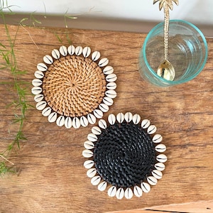 Shell Coaster with Cowrie Shells | Round shell mat | Shell and Rattan coaster | Cowrie shell Decor | Wicker  Boho Decor | Gift for Mum
