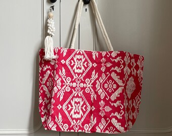 Red Batik Cotton Shopping Bag, canvas shopping bag, natural tote bag