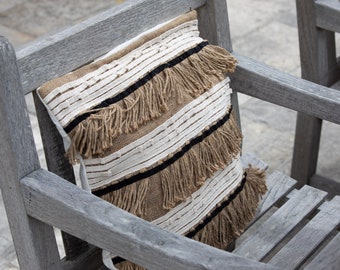 Garden boho cushion with stripe, black and natural cushion cover, rustic cushion, jute striped cushion