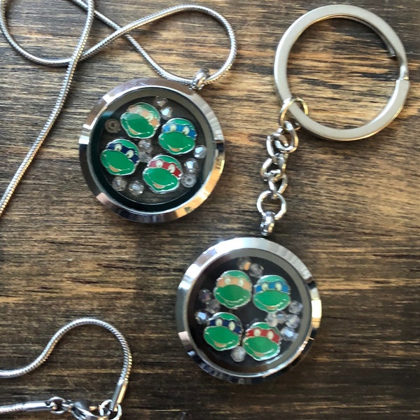 Ninja Turtle Necklace, Key chain, Keychain, Stainless Steel, Floating charm, living locket, Cartoon, tmnt, Teenange Mutant Ninja Turtle