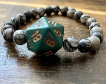 DnD Bracelet, Silkstone Beads, elastic bracelet, dice, DnD, D20, MTG, Critters, RPG, Critical Role, geek gift, nerd, gift