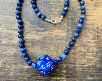 DnD necklace, Dorian, Critical Role, Sodalite Beads, 19", D20, MTG, Agate, Sterling Silver, RPG, polyhedral, Critters, critrole, geeks, D&D