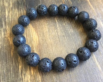 Lava Rock Beaded Bracelet, stretch elastic, Unisex Bracelet, Gift for him, Gift for her, Unisex Jewelry, Lava beads, stackable, Black