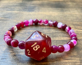 DnD Armband, DnD, D20, MTG, Gestreepte Agaat Kralen, Beestjes, RPG, dnd geschenken, Critical Role, d& d geschenken, Paars d20