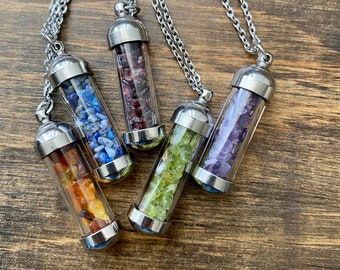 Glazen flacon met echte edelstenen, edelstenen, Amethist, Rozenkwarts, Lapis Lazuli, Peridoot, Granaat, cadeau voor haar, genezing, kristallen