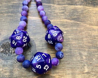 Dice necklace, DnD Necklace, 17", Agate Beads, Sterling Silver clasp, D&D, Critical Role, Critters, RPG, polyhedral dice, geek gift, D20