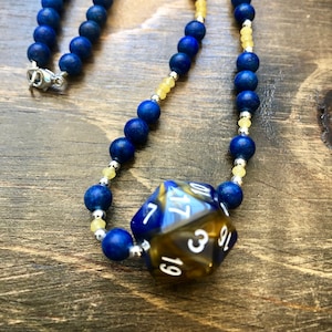 Critical Role Necklace, 17&quot;, DnD, D20, MTG, Lapis Lazuli, Yellow Jade & Sterling Silver lobster Clasp, Critter, RPG, polyhedral, critrole